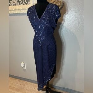 A.J. Bari Navy Blue Asymmetrical Beaded Dress